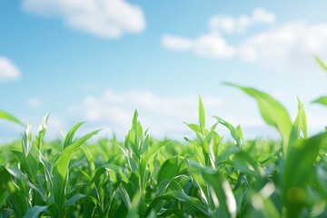 Obraz premium Growing green corn fields under clear blue sky agriculture photography nature vibrant landscape viewpoint