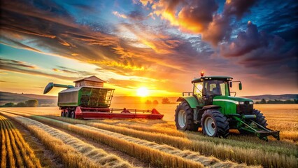 Fototapeta premium Rule of Thirds Farm Equipment Photography: Tractor, Combine Harvester, Agricultural Machinery, Rural Scenery, Harvesting, Farming, Countryside