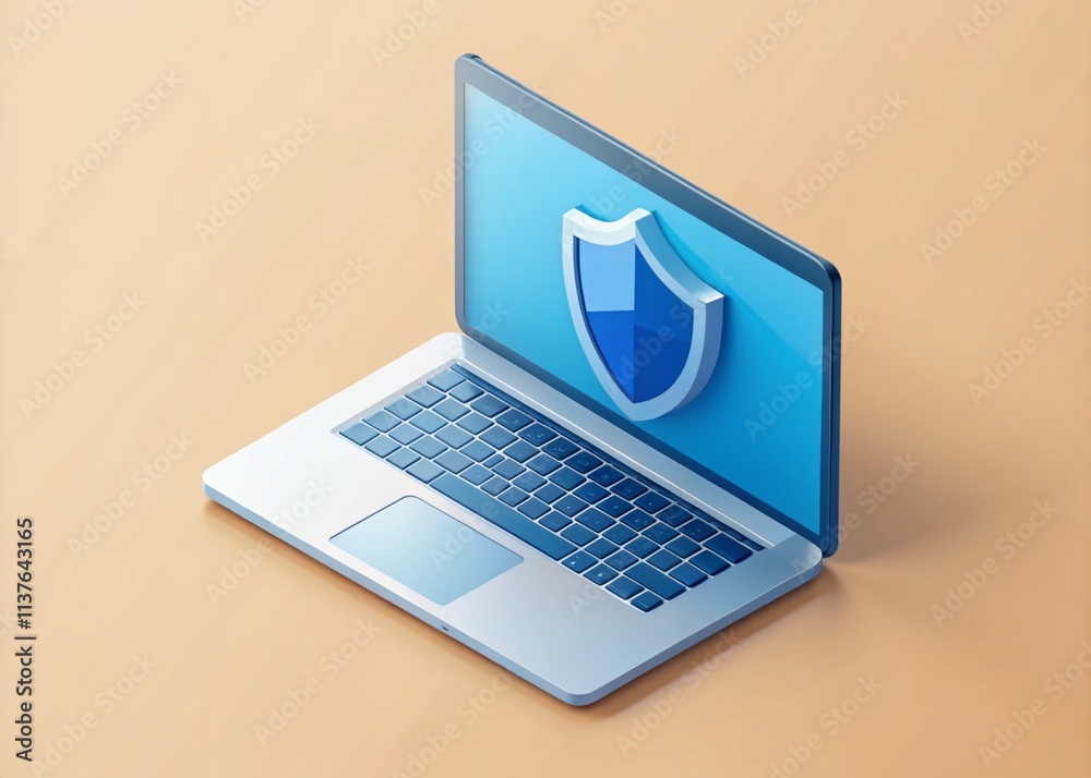 Fototapete Isometric Minimal 3D Design of Laptop with Data Protection Shield and Lock Element for Cybersecurity Concepts in Digital Environments