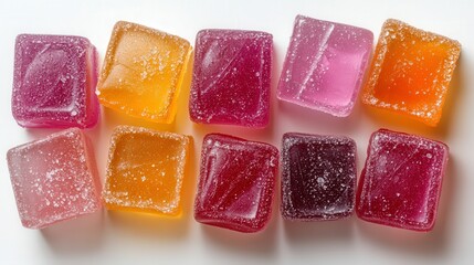 Colorful gummy candies in assorted vibrant shades arranged neatly on a smooth white surface, perfect for showcasing sweetness and texture in food photography.