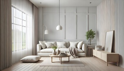 Gray Sofa with White Coffee Table and Hanging Pendant Lights in Contemporary Living Room