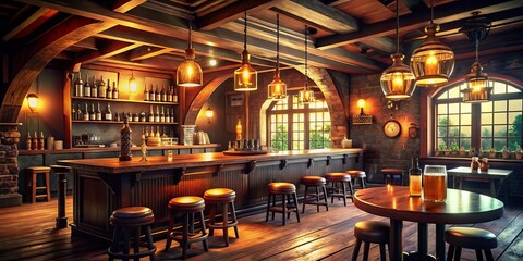 Rustic Pub Interior 3D Render, Bokeh Lighting, Traditional Bar Scene, Cozy Atmosphere, Wooden Beams,  High-Resolution Image