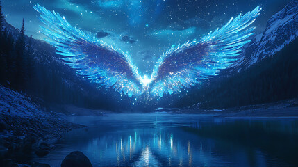 A blue winged angel is flying over a lake