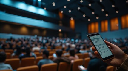 A person with hearing impairment using a real-time transcription app on their smartphone to follow a live lecture in a large auditorium. The app displays the spoken words as text,