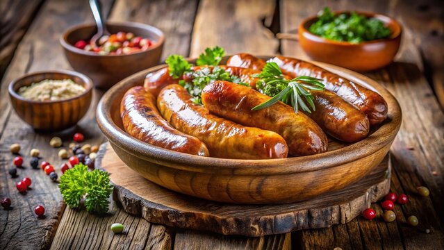 Rustic Wooden Bowl Bigus Sausages - Polish Cuisine Food Photography