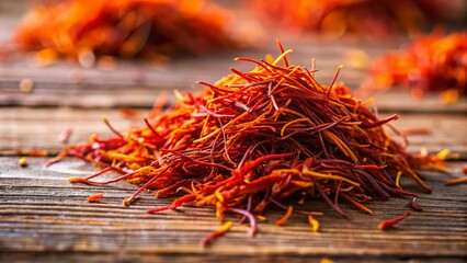 Saffron Spice Photography: Wooden Background, Dried Saffron Threads, Culinary Photography, Food Photography, Aromatic Spices