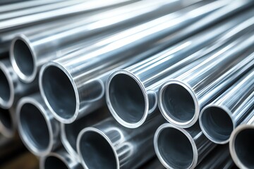 Close-up of shiny, stacked, silver metal pipes.