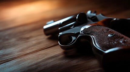 Obraz premium Close-up View of a Revolver on a Wooden Surface