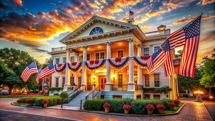 Obraz premium July Fourth Poster Architectural Photography: Patriotic Building Designs, Independence Day Celebration, American Flag, Festive Architecture