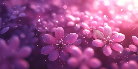 Closeup of soft pink flowers with glowing light and bokeh.