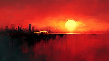Fototapeta premium Crimson Sunset Cityscape With Two Objects Atop A Wall