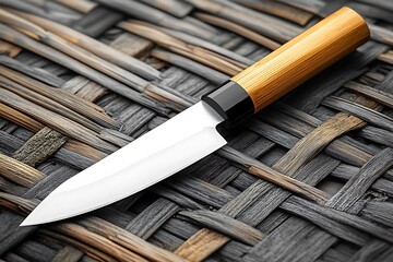 Steel knife with brown wooden handle on white background isolated close up, big chef knife, sharp stainless blade, silver metal butcher knife, kitchen utensil, cutting tool, dangerous weapon