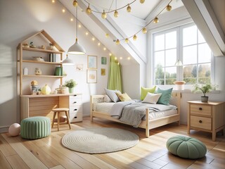Scandinavian Kids Room Panoramic: White Wood Single Bed, Cozy Child's Bedroom Design