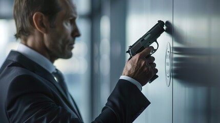 CEO in sleek business suit confidently aiming toy pistol at target on wall, symbolizing strategic leadership and decision-making in corporate environment.