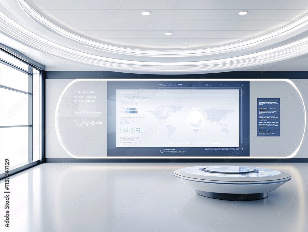 Poster a digital dashboard with interactive analytics tools displayed on a large touchscreen in a modern co