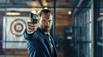CEO in sleek business suit confidently aiming toy pistol at target on wall, symbolizing strategic leadership and decision-making in corporate environment.