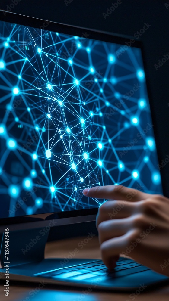 Poster a young professional using ai-driven software on a desktop, with visual elements of data analysis an