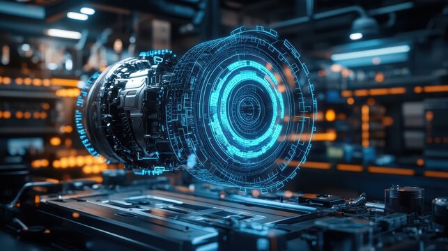 A floating neon blue holographic schematic of a car engine, set against a high-tech workshop, symbolizing advanced engineering and futuristic automotive design. 
