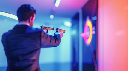 CEO in sleek business suit confidently aiming toy pistol at target on wall, symbolizing strategic leadership and decision-making in corporate environment.