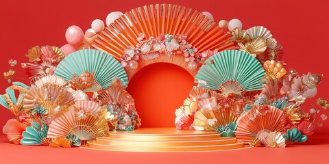  background for the Spring Festival featuring a vibrant red backdrop, with a circular stage at the center that provides space for product display. Flanked by decorative Chinese fans, this design showc