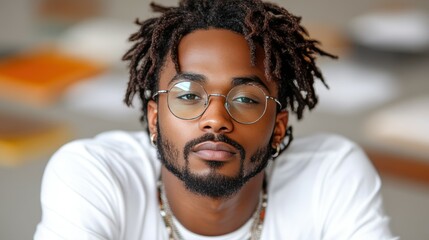 Fototapeta premium A young man is confidently posing in a stylish indoor space. He has dreadlocks and wears glasses, showcasing a modern and relaxed fashion sense