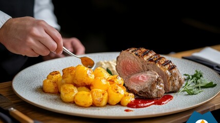 A beautifully plated gourmet dish showcases tender grilled lamb with pink center, complemented by golden roasted potatoes and a drizzle of sauce, served in an upscale restaurant