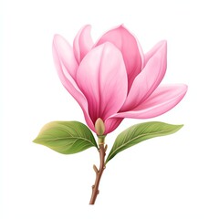 A vibrant pink magnolia flower with green leaves, showcasing its delicate petals and natural beauty against a white background.