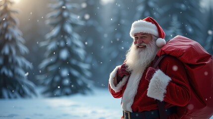 Santa Claus carrying red sack in snowy forest during golden sunset.