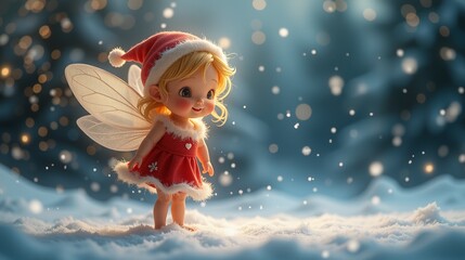Cute fairy in red Santa dress standing on snowy ground.