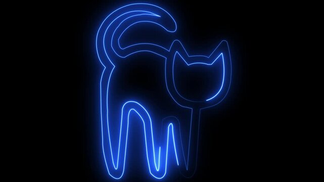Neon glowing purple cat icon animation in black background