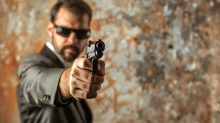 CEO in sleek business suit confidently aiming toy pistol at target on wall, symbolizing strategic leadership and decision-making in corporate environment.