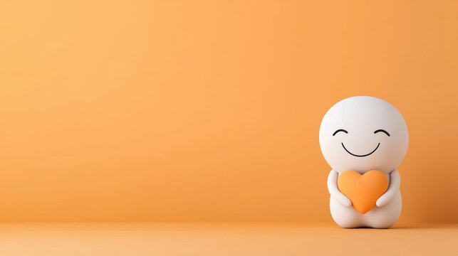 Joyful cartoon character holding heart orange background 3d illustration playful environment close-up view concept of love