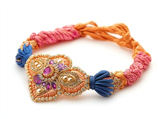Fototapeta premium Colorful braided thread bracelet with an ornate gold pendant featuring pink and white gemstones.