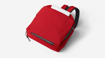 Red backpack with visible white book inside.