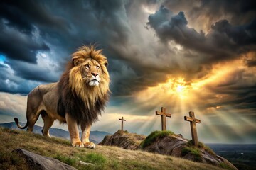 Fototapeta premium Lion, Storm, Crosses: Faith in the Face of Adversity - Dramatic Wildlife Photography