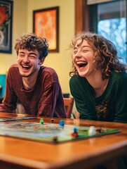 Fototapeta premium A photo of two best friends laughing uncontrollably while playing a board game.
