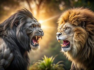 Lion vs Gorilla Epic Battle: Angry Silverback Gorilla vs Muscular Lion High Depth of Field Photo