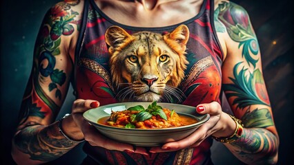 Naklejka premium Lioness Hand Tattoo Food Photography: Delicious Dishes & Wild Ink