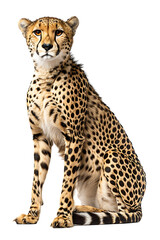 Alert cheetah with spotted fur sits upright looking directly forward on a bright transparent background ready for wildlife advertising.