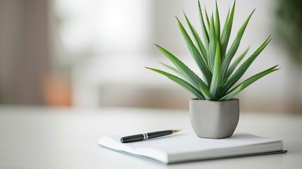 Healthy green plant on white table with small notebook and pen, symbolizing health advice and wellness tips, clean and focused image with copy space for text.