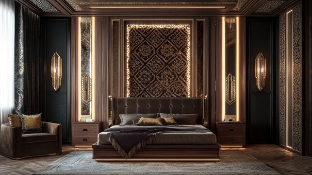 Opulent Master Bedroom Interior Design: Luxurious Dark Wood and Gold Accents
