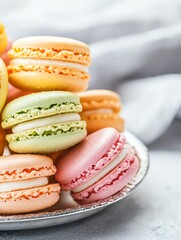 A vibrant assortment of colorful macarons stacked elegantly on a silver plate, showcasing delightful pastel hues and delicate textures.