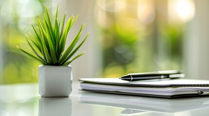 Healthy green plant on white table with small notebook and pen, symbolizing health advice and wellness tips, clean and focused image with copy space for text.