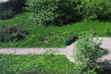 Spring Park Scene with Bench, Pathway, Green Grass, and Blooming Trees