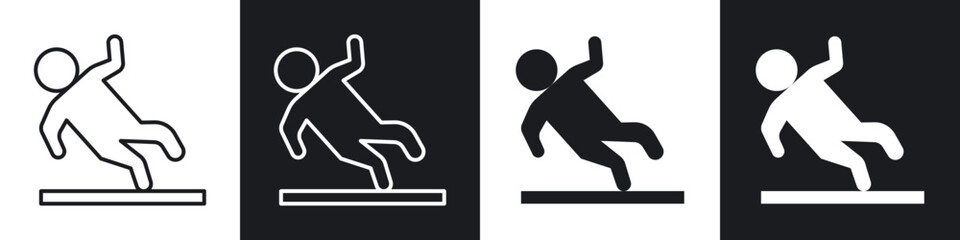 Slippery floor icons collection in black filled and line style.