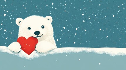 Fototapeta premium Polar Bear Peeking Out of Banner Illustration Valentine Card