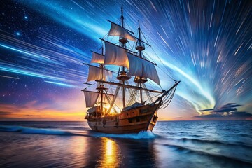Obraz premium Long Exposure Caravel Ships, Sailing Ships, Ocean, Night, Starry Sky, Historical Vessels, Maritime, Ancient Sailing, Seafaring, Portugal, Exploration