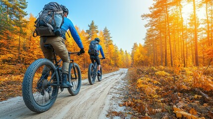 Two cyclists navigate a sandy trail lined with bright orange and yellow trees in an autumn forest. The sun shines through the foliage, highlighting their adventure