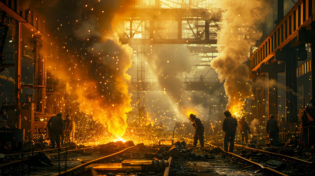 Workers in Industrial Scene with Sparks and Smoke in Factory Setting