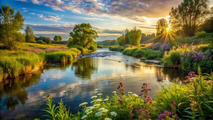Fototapeta premium Serene Rural Landscape at Dawn: Hand-Drawn Sketch and Watercolor Illustration of a Tranquil River Flowing Through Picturesque Fields and Lush Greenery